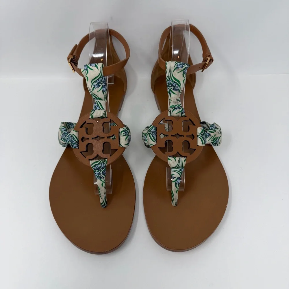 Tory Burch Miller Leather Scarf Thong Sandals Brown White Blue Green Size 11